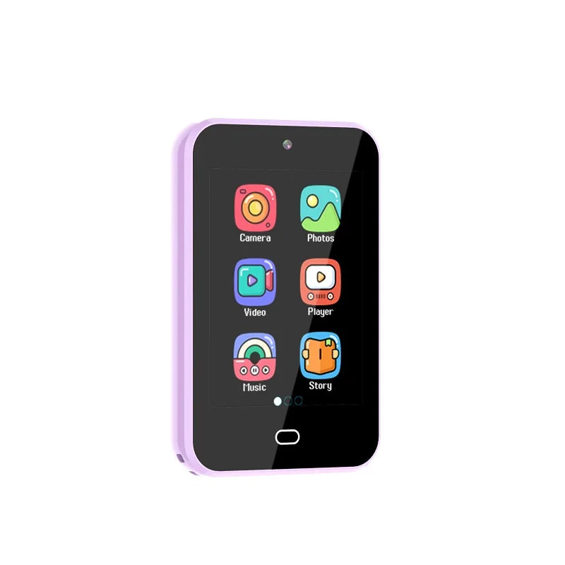 A pink kids smartphone toy displaying icons for camera, photos, video, player, music, and story.