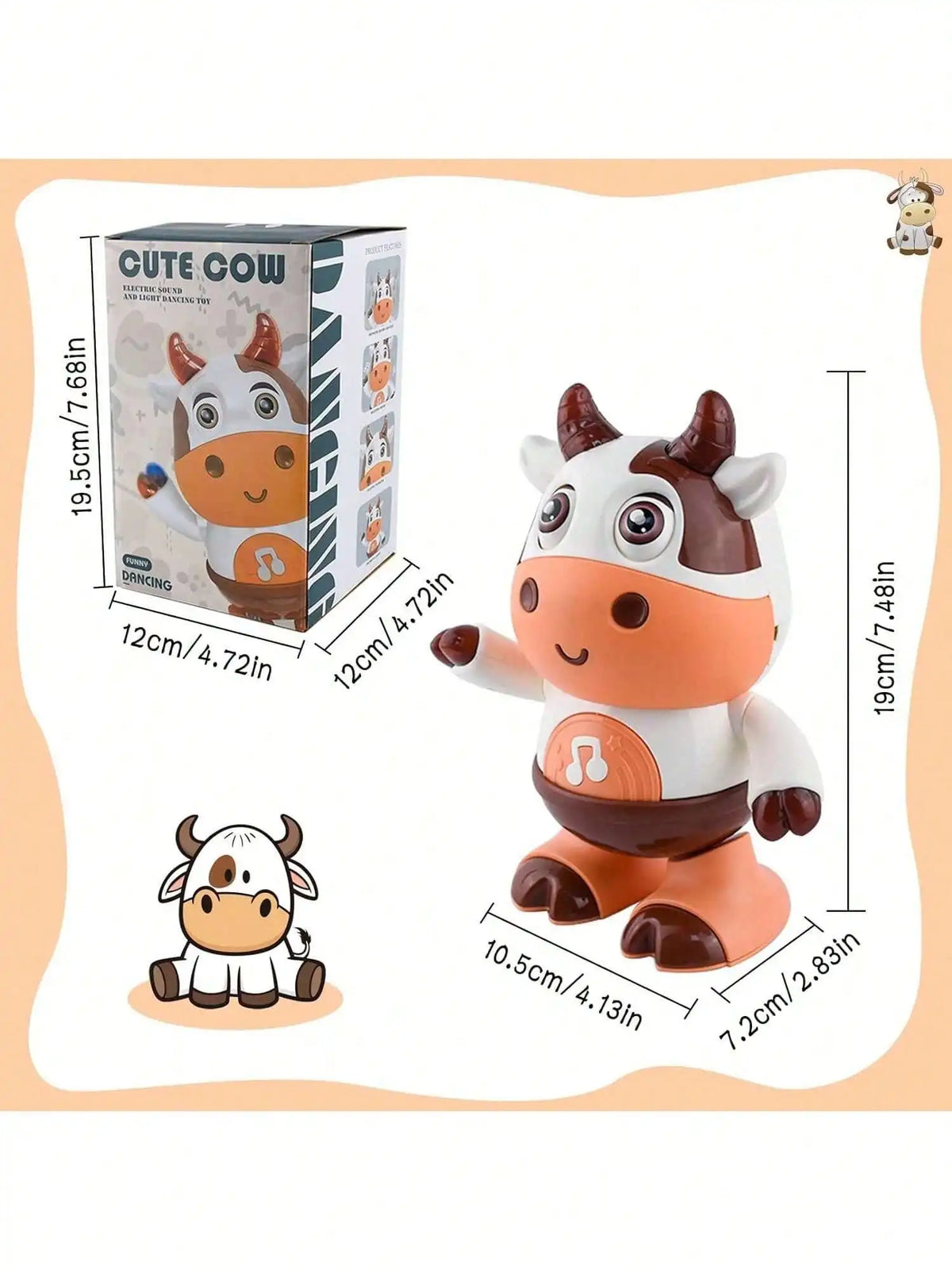 A plush toy of a cow with dancing features and lights, shown next to its packaging.