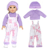 A purple winter outfit for a doll featuring a long-sleeved top and matching overalls with pink accents.