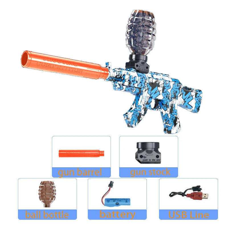 A blue and black gel blaster pistol with an orange barrel, a separate barrel, a stock, a ball bottle, a battery, and a USB li
