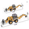 A yellow diecast construction vehicle set featuring a dump truck and an excavator, shown from the side.