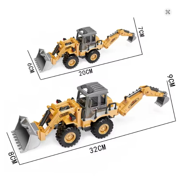 A yellow diecast construction vehicle set featuring a dump truck and an excavator, shown from the side.