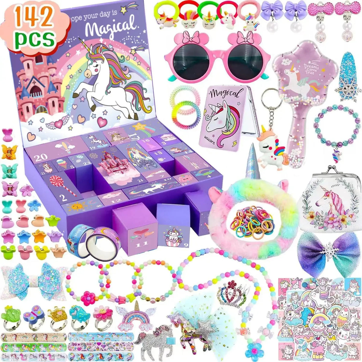 A colorful advent calendar box filled with mermaid-themed jewelry and accessories for a 24-day countdown gift.