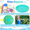 Step diagram showing how to use a giant bubble wand kit with trays for outdoor fun
