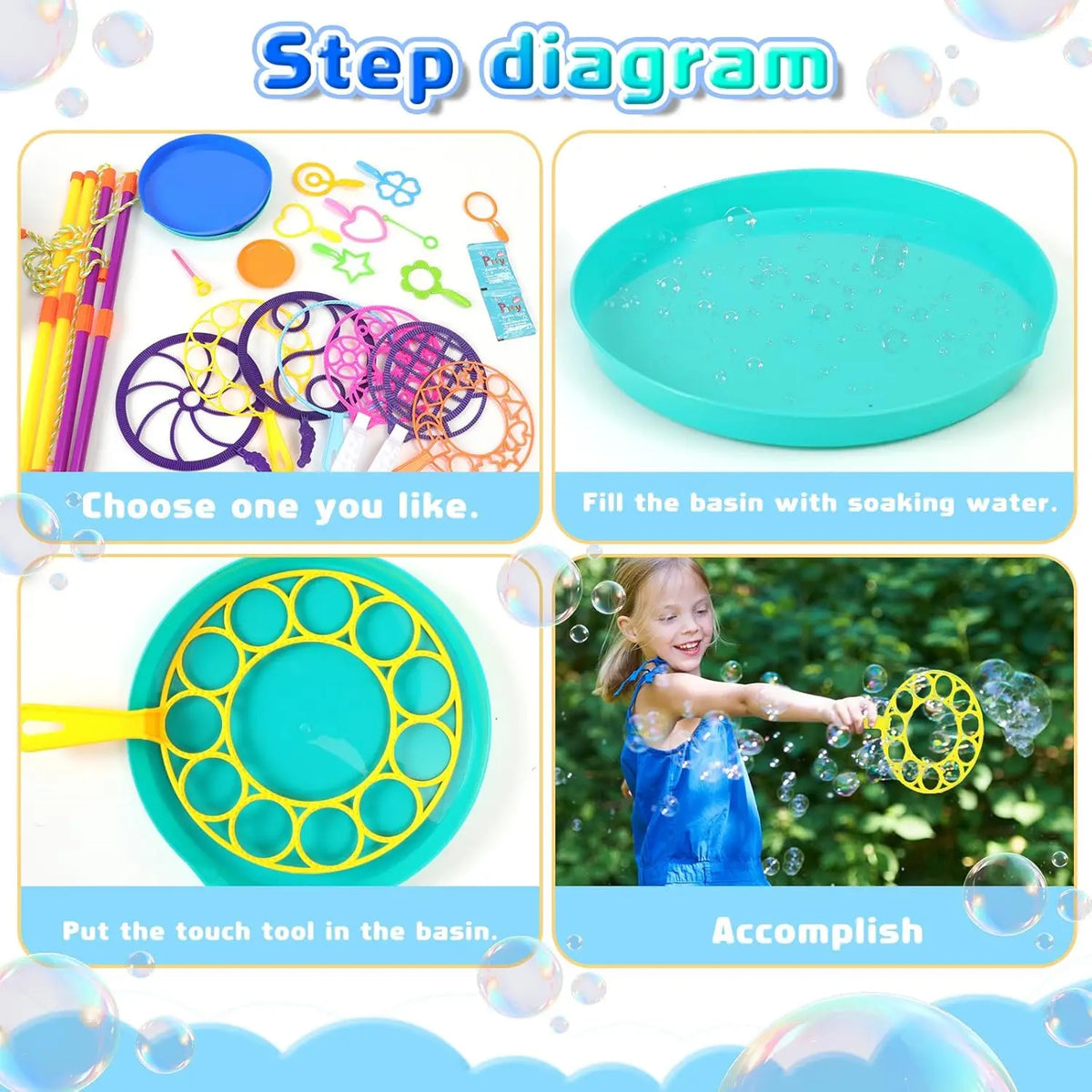 Step diagram showing how to use a giant bubble wand kit with trays for outdoor fun