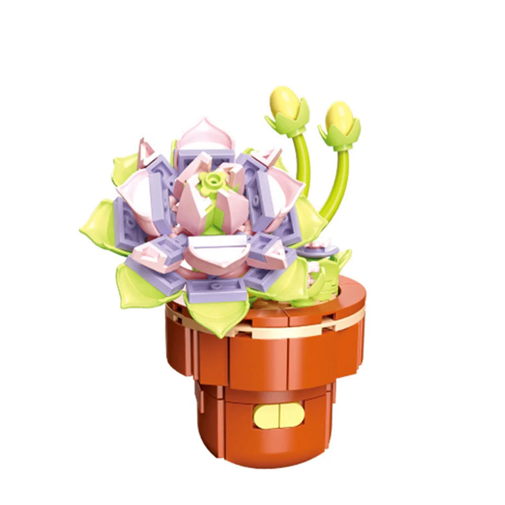 A colorful building block set featuring a flower-like structure with green stems and pink, purple, and white petals.