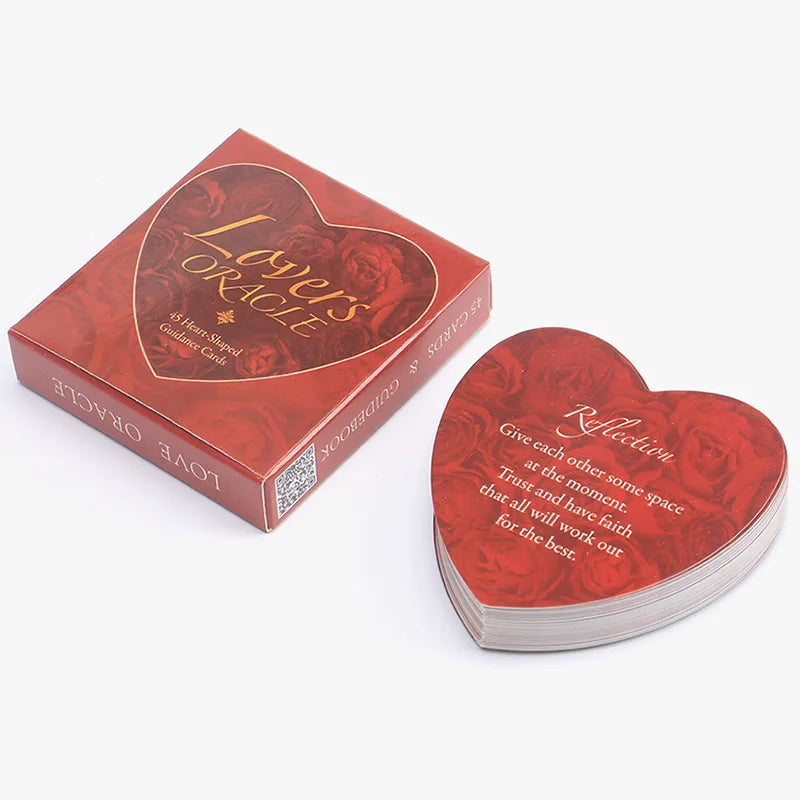 A box of Lovers Oracle tarot cards and guidebook with a heart-shaped design.