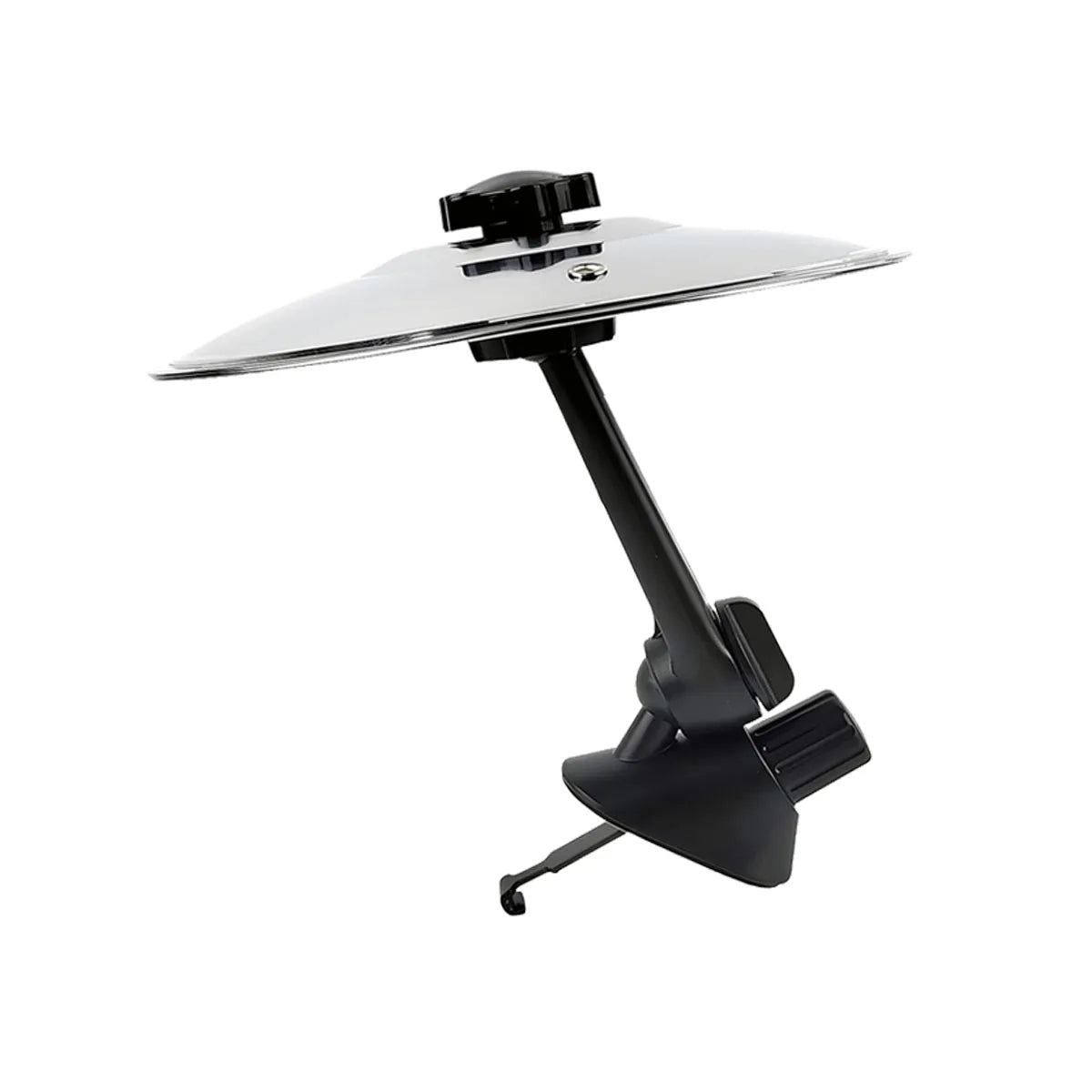 A silver clip-on car vent drum cymbal with an adjustable hook mounted on a black stand.