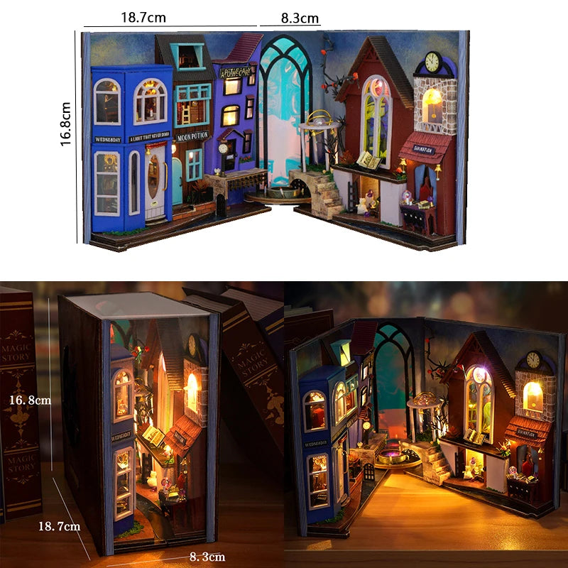 A wooden book nook kit featuring detailed miniature scenes with LED lights and architectural elements.