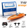 Orange TY12 speedboat kit including a box, remote control, charging cable, and two propellers.