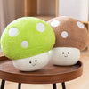 A pair of cute mushroom plush toys in lime green and brown sitting on a wooden table.