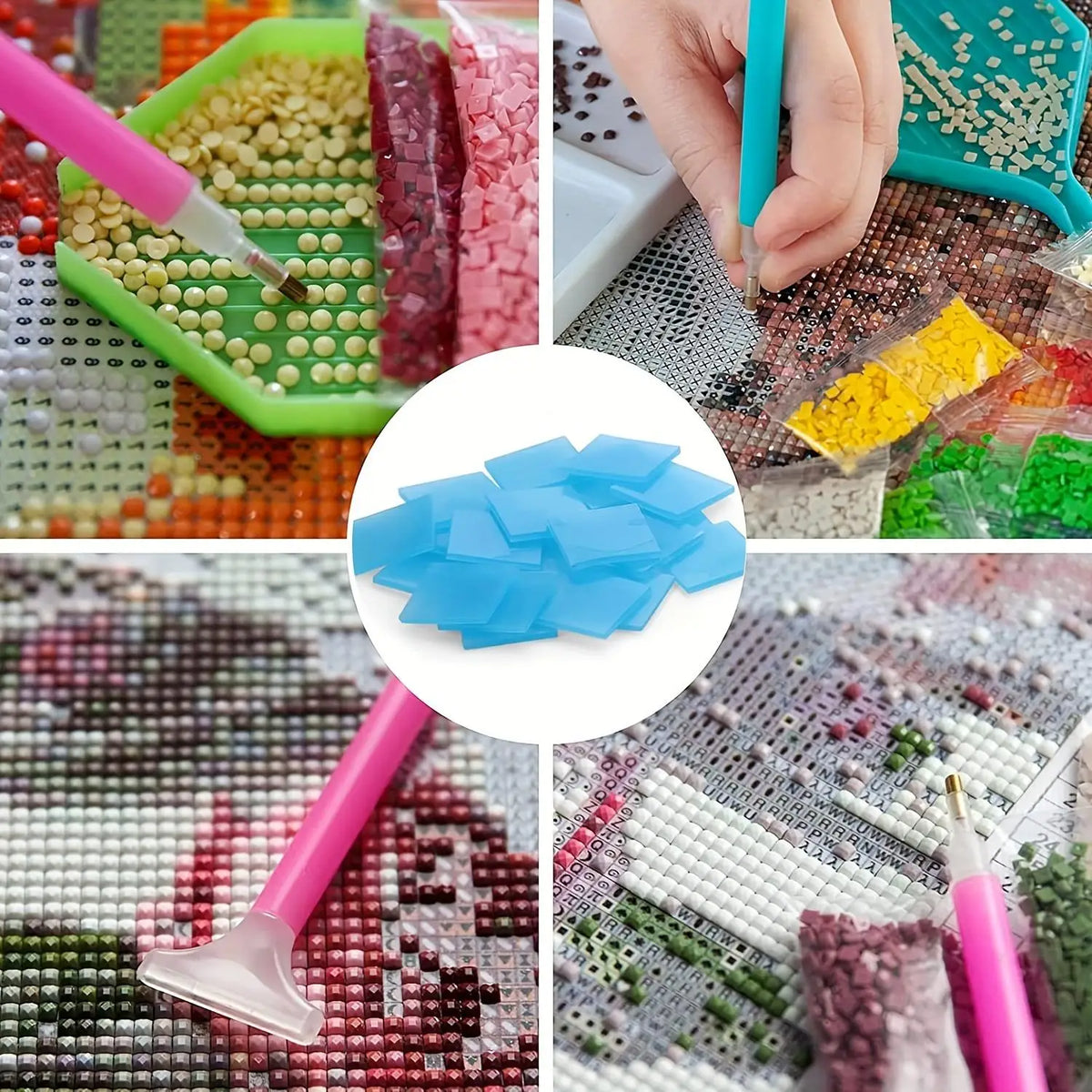 Close-up of diamond painting clay in various colors and textures being applied to a grid surface with a tool.