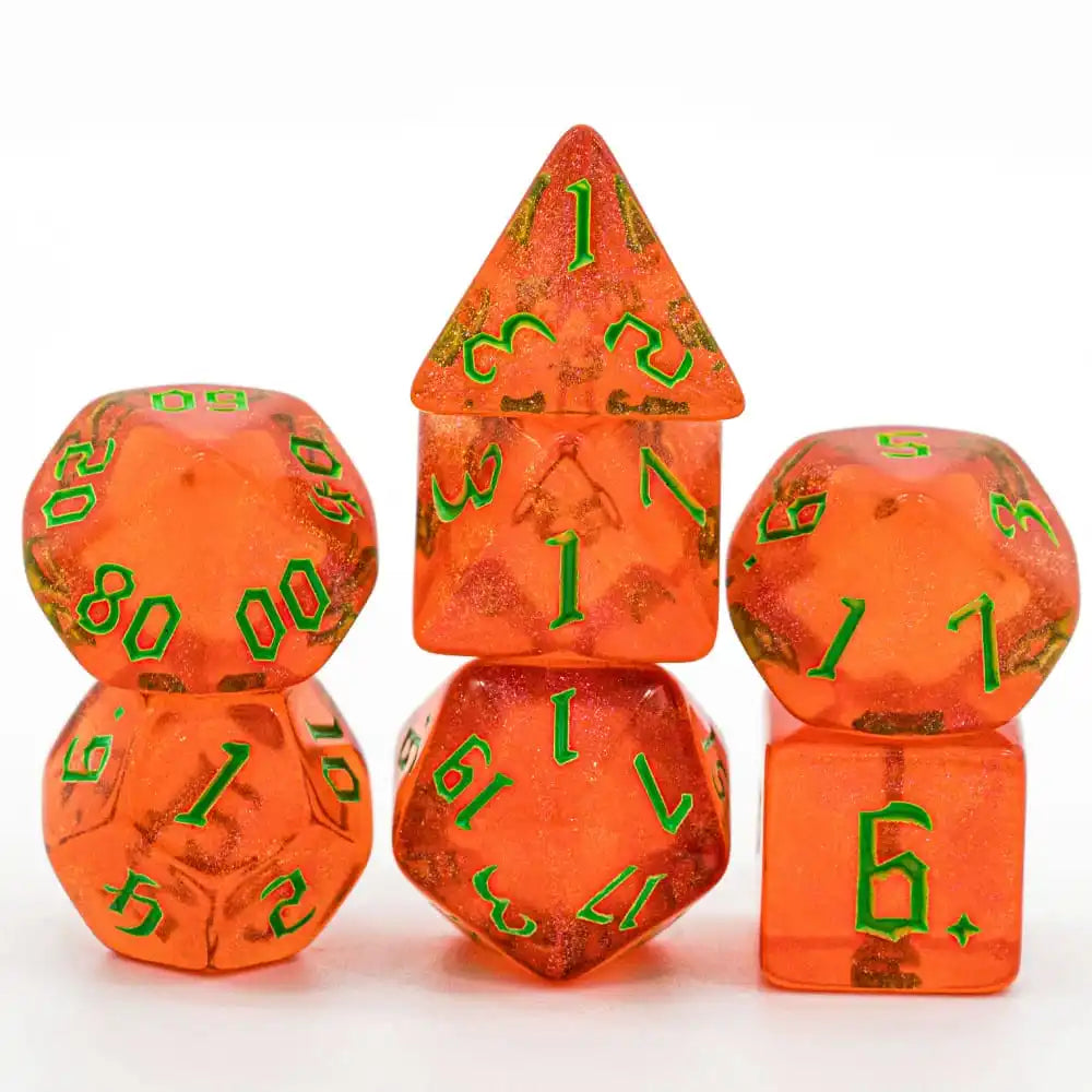 A set of seven translucent orange polyhedral dice, including a tetrahedron and a cube.