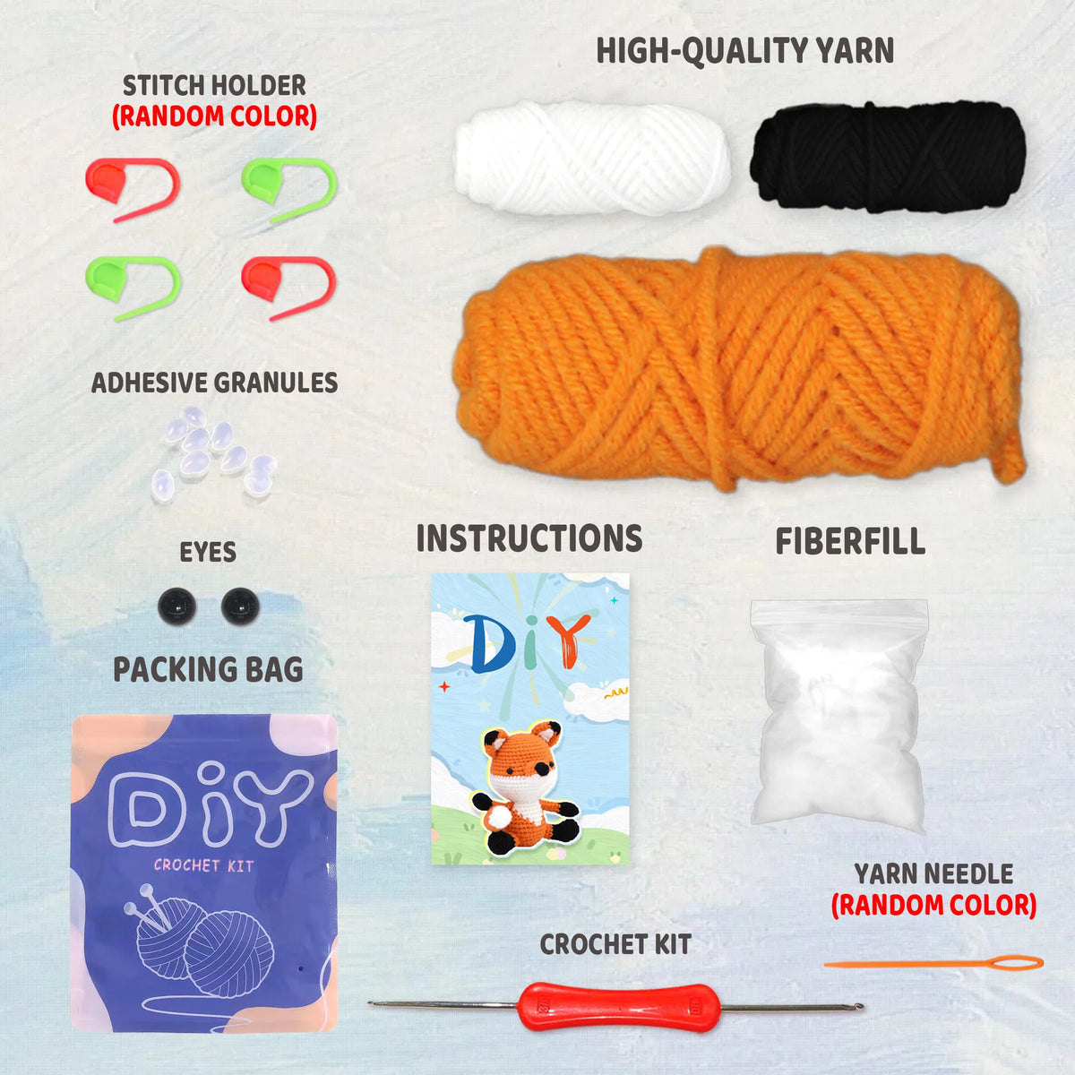 A DIY crochet kit featuring yarn, needles, adhesive granules, and a little fox design card.