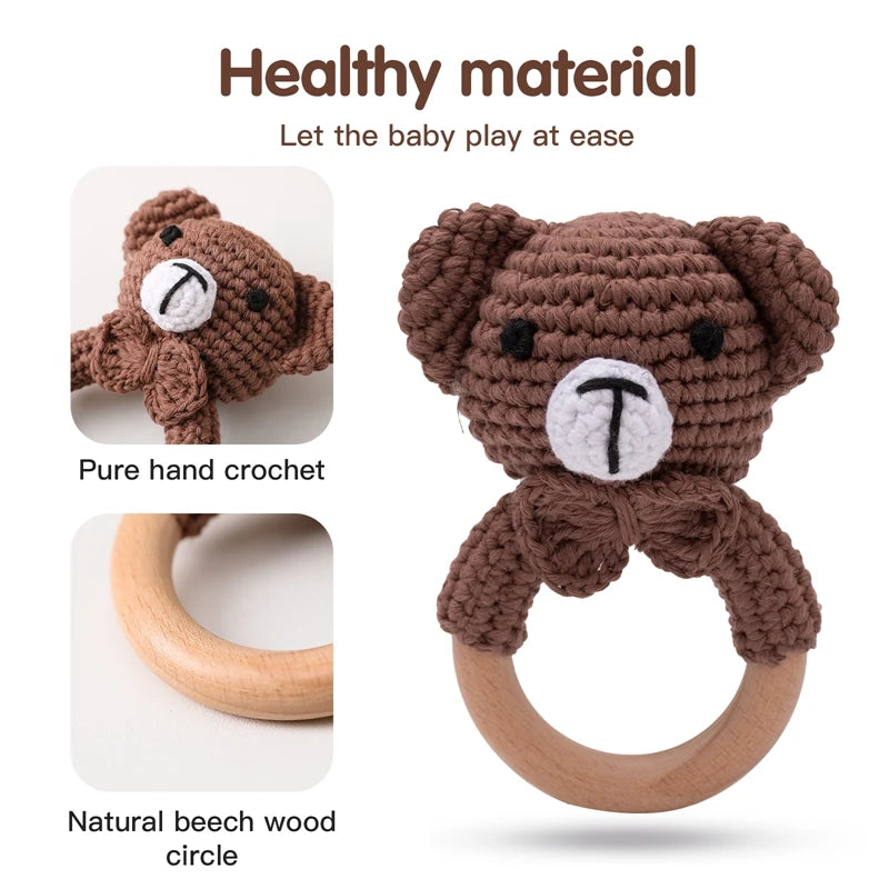 Handcrafted Wooden Crochet Animal Rattle for Babies