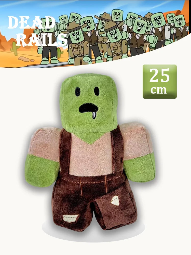A soft green plush toy resembling a rabbit or creature, dressed in brown overalls.