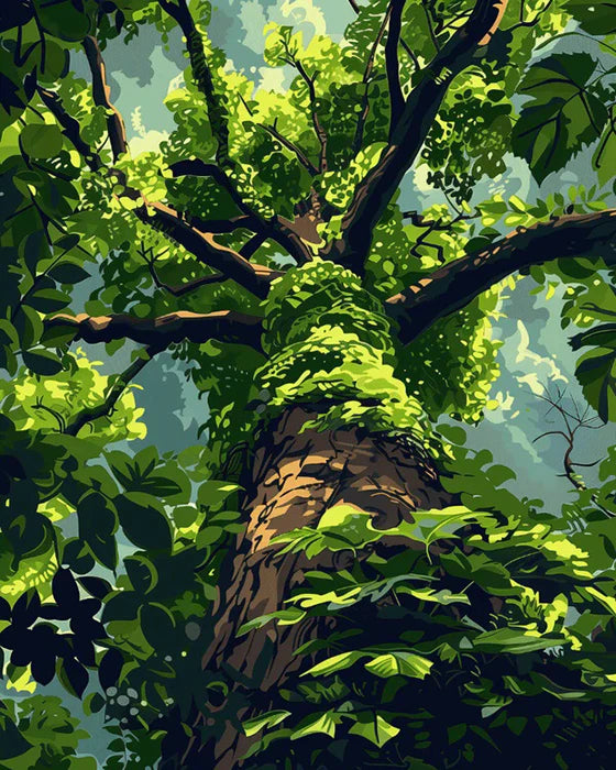 A close-up view of a large tree trunk covered in vibrant green moss and surrounded by lush foliage.