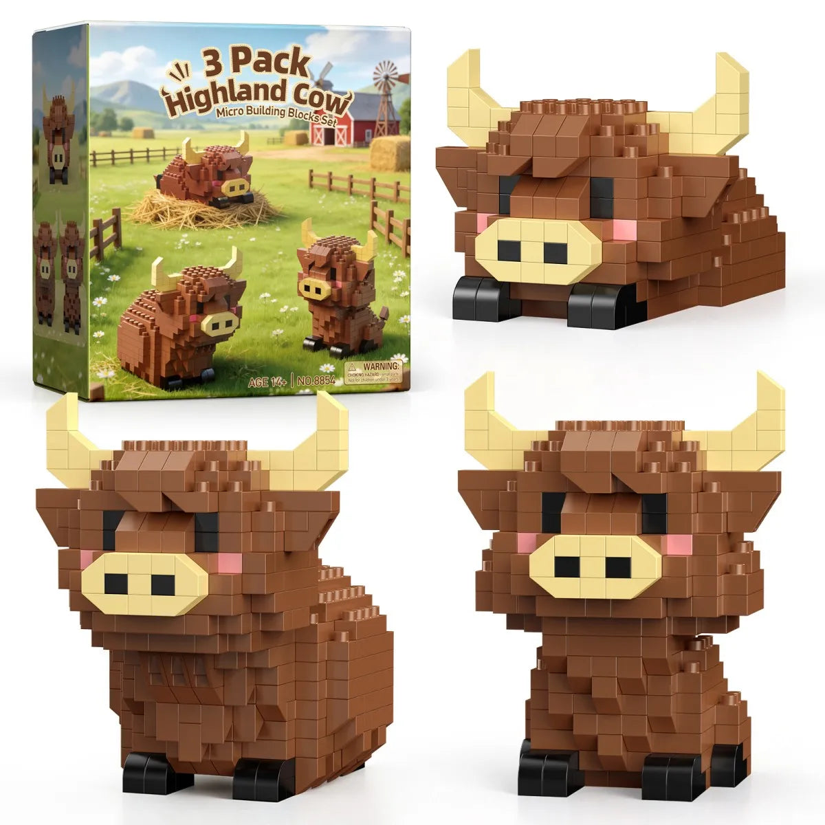 Highland Cow Mini Building Blocks Set - 3 in 1 Animal Model Kit