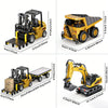 A yellow 1:64 remote control crane and forklift two-in-one set with a trailer.