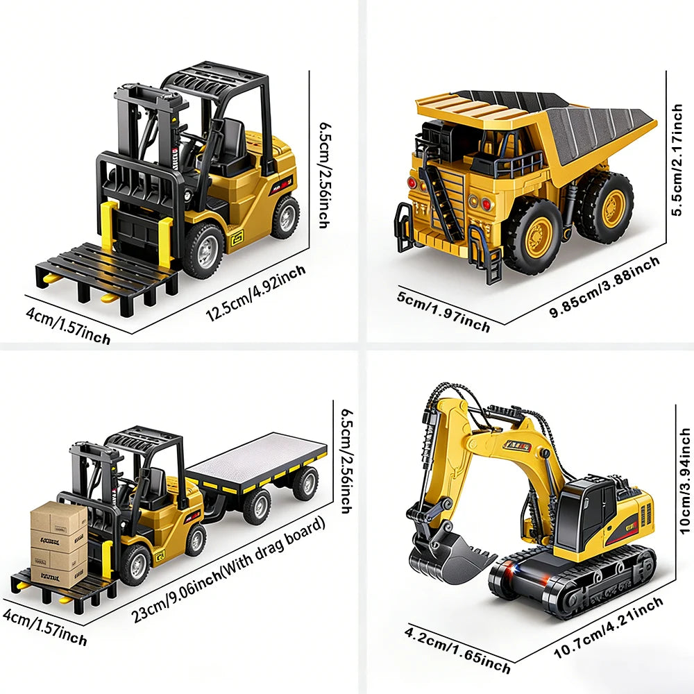 A yellow 1:64 remote control crane and forklift two-in-one set with a trailer.