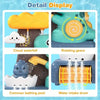 Detail display of a dinosaur bath toy sprinkler showing cloud waterfall, rotating gears, common bathing pool, and water intak