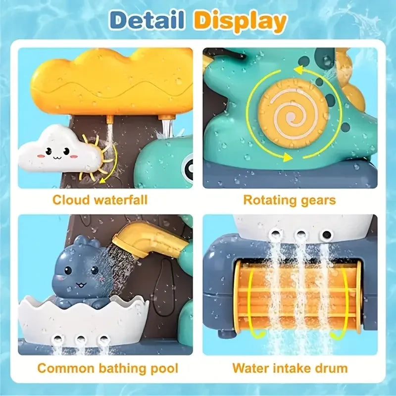 Detail display of a dinosaur bath toy sprinkler showing cloud waterfall, rotating gears, common bathing pool, and water intak