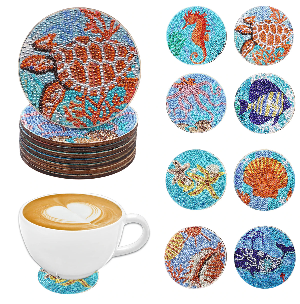 A set of DIY diamond art coasters featuring various animal designs like a tiger, fish, and seashell.