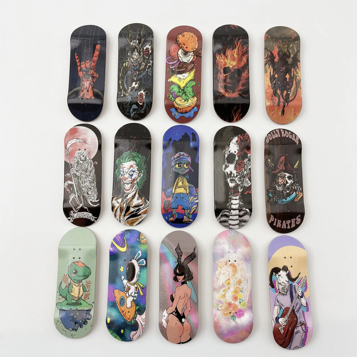 A collection of ten wooden fingerboard decks featuring various UV-printed graphics and designs.