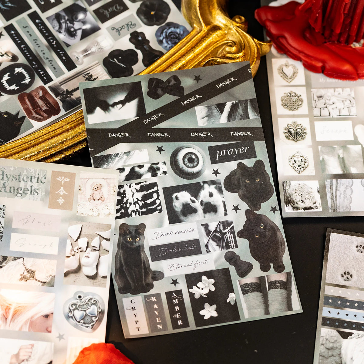 A collection of die-cut sticker sheets featuring dark, gothic, and nature-themed poetry and illustrations for journaling.