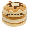 A soft, tan and cream plush cat toy with brown accents, designed as a desk or room décor item.