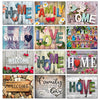 A collection of wooden signs and floral designs featuring words like Home Family Love and Welcome for a diamond painting kit.