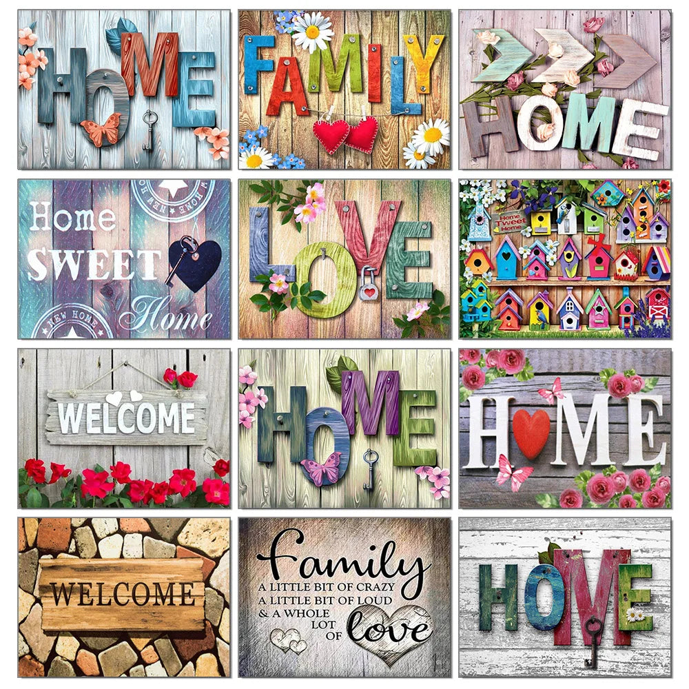 A collection of wooden signs and floral designs featuring words like Home Family Love and Welcome for a diamond painting kit.