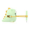A light green interactive dinosaur drawing robot with a wooden stick and a green tip.