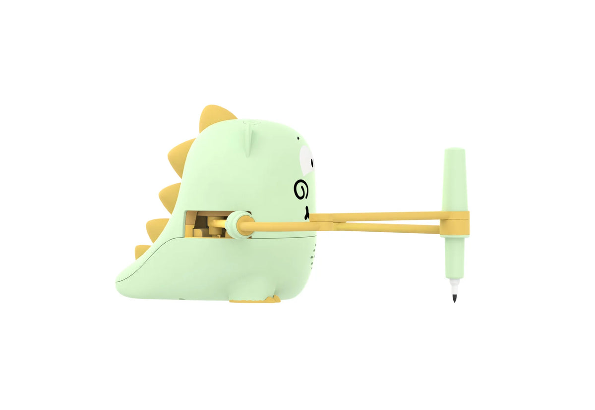 A light green interactive dinosaur drawing robot with a wooden stick and a green tip.