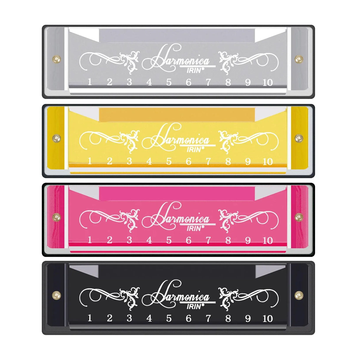 A set of five colorful harmonica covers for beginners with stainless steel inserts and numbered keys.