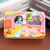 A rectangular jigsaw puzzle featuring a princess, a dragon, and various wooden animals and vehicles.
