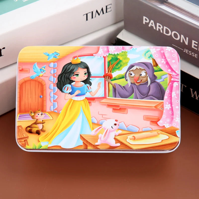 A rectangular jigsaw puzzle featuring a princess, a dragon, and various wooden animals and vehicles.