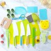 A collection of colorful plastic knives and kitchen tools for a kids cooking set displayed on a white surface.