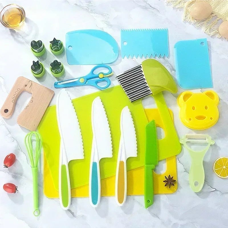 A collection of colorful plastic knives and kitchen tools for a kids cooking set displayed on a white surface.
