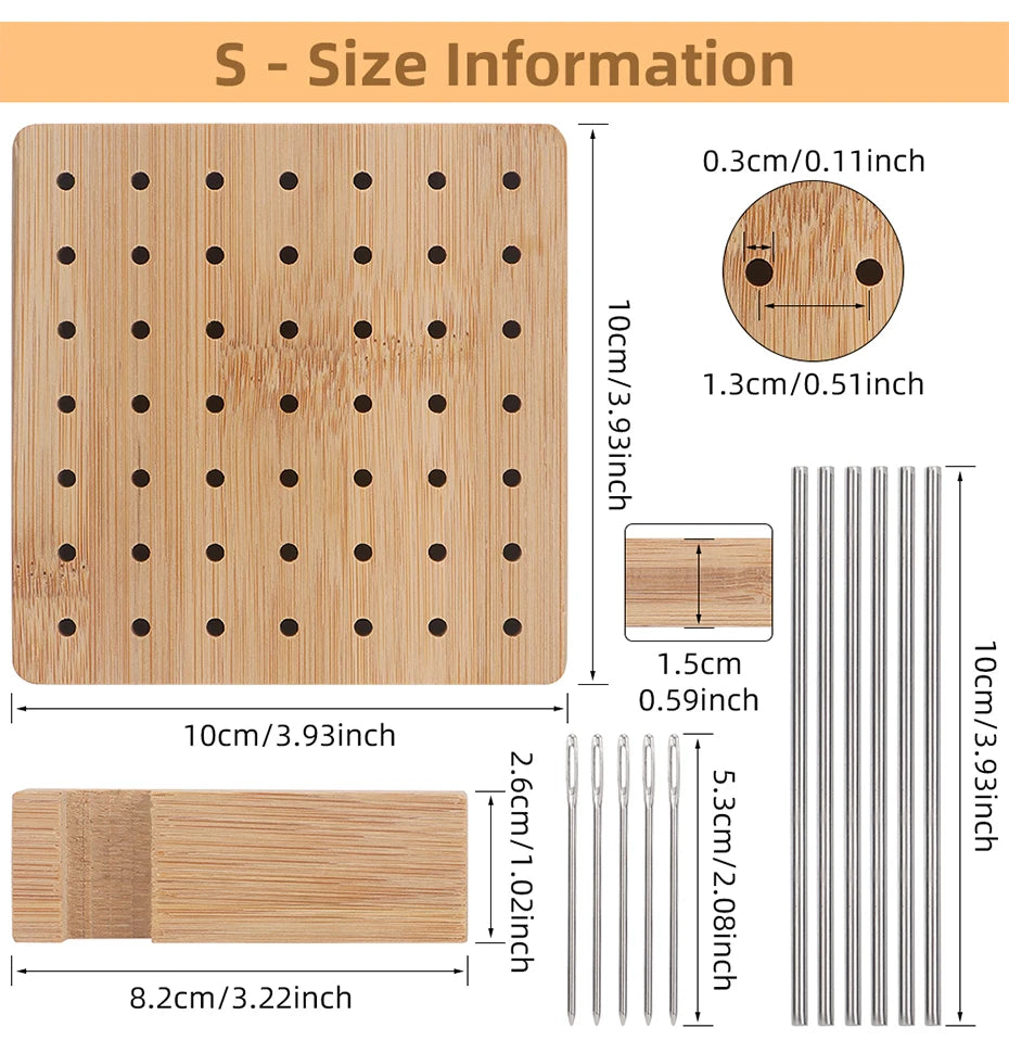 A wooden bamboo crochet blocking board with pins, a stand, and a separate wooden block.