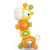 An orange musical giraffe teether and rattle toy with a light yellow head and green accents.