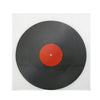 A black vinyl record with a red center label is displayed against a white background.