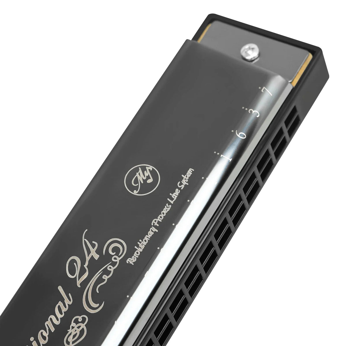 A black 24-hole C tone tremolo harmonica with a silver-edged hard case.