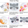 Instructions for a diamond painting kit showing steps like tearing film, locating colors, pouring diamonds, and gluing them o