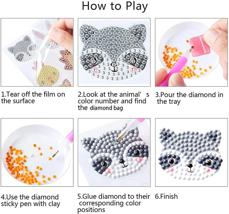 Instructions for a diamond painting kit showing steps like tearing film, locating colors, pouring diamonds, and gluing them o