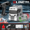 A silver 1:64 scale RC drift truck model with black accents and a Type-C charging port, shown next to its accessories.