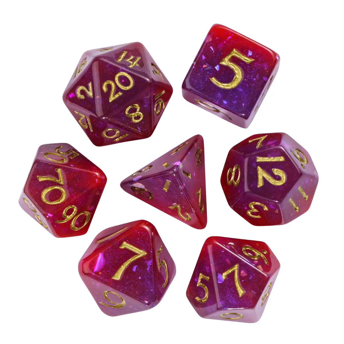 A set of seven glitter resin polyhedral dice in various colors and shapes for tabletop role-playing games