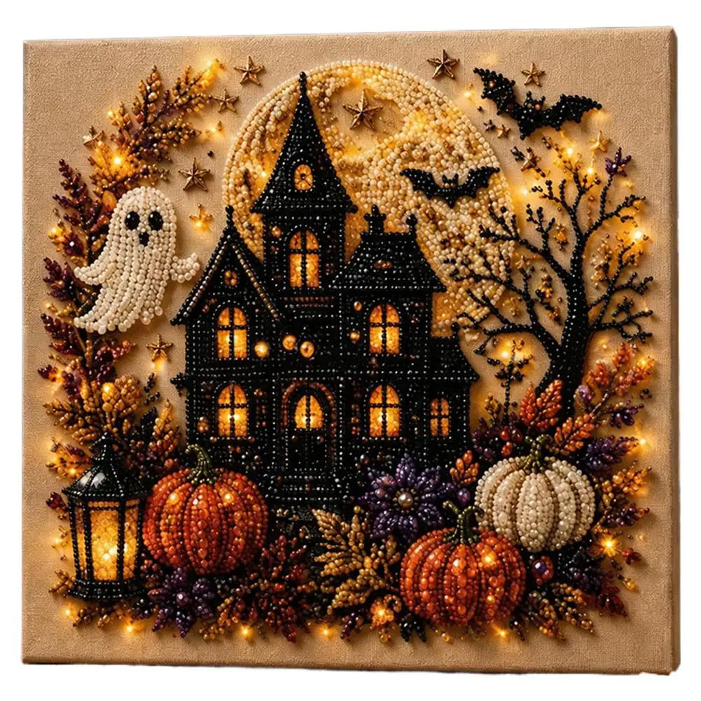 A mosaic art kit featuring a Halloween ghost and pumpkin made from black beads and pearls on a canvas.