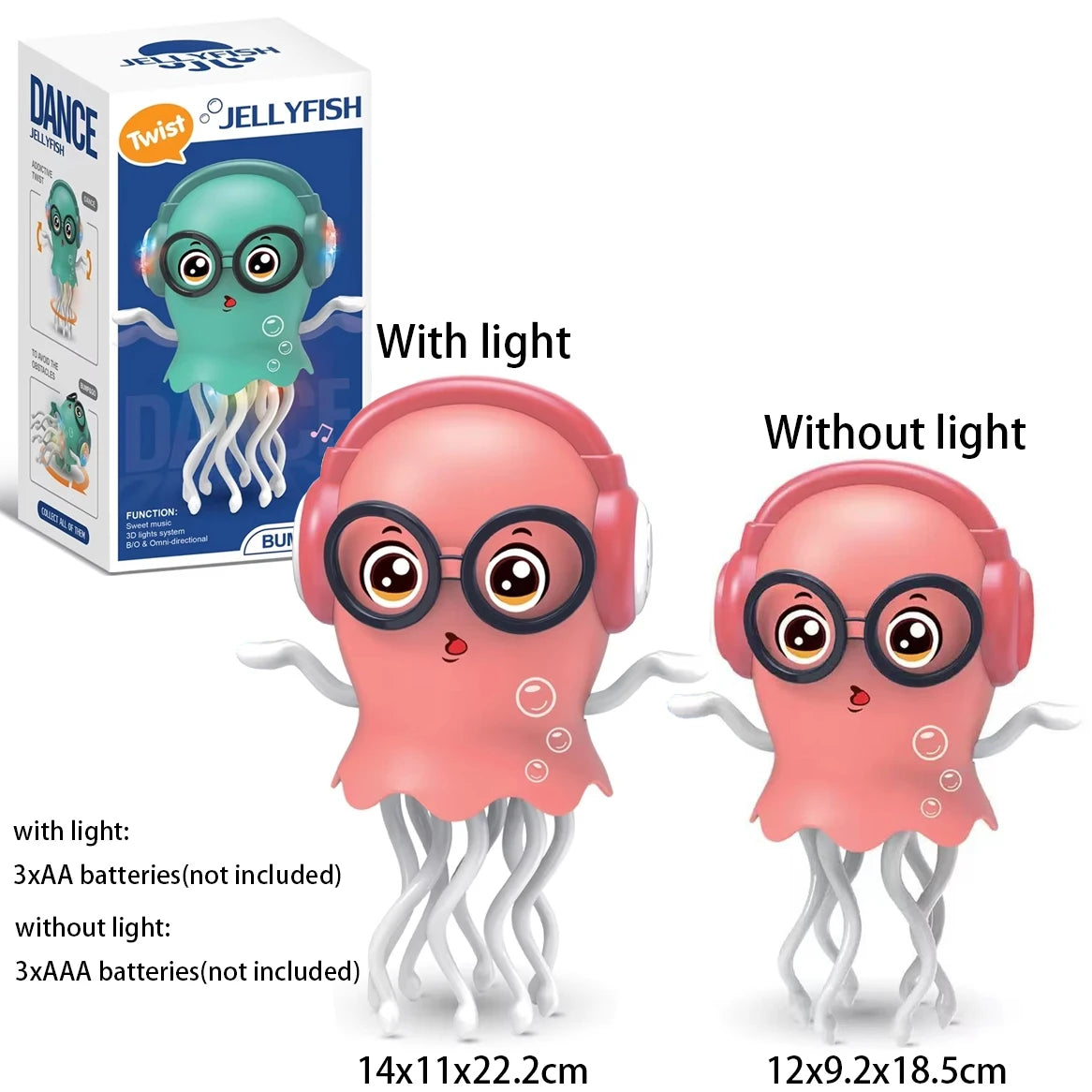A pink jellyfish toy with light and music features, shown with and without lights.