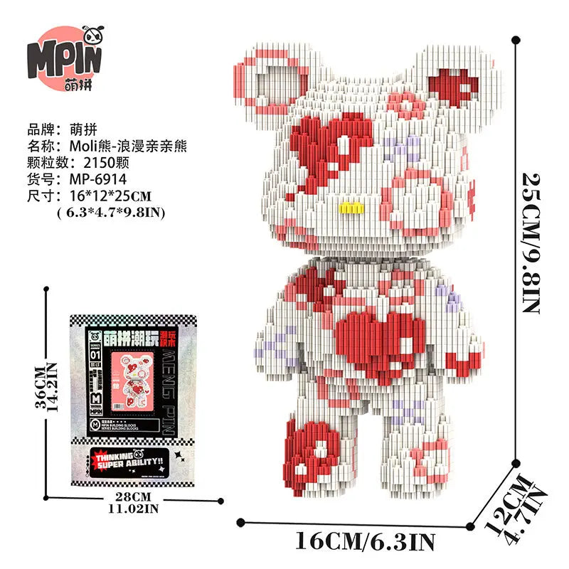 A detailed brick art bear figure made of red and white blocks, packaged with instructions.